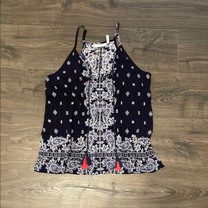 LUQ Navy & White Paisley Print Women's Tank Top Blouse, Size Small